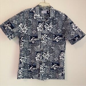 Ky's Made In Hawaii Aloha Hawaiian Short Sleeve Button Up Shirt Blue Floral Sz M